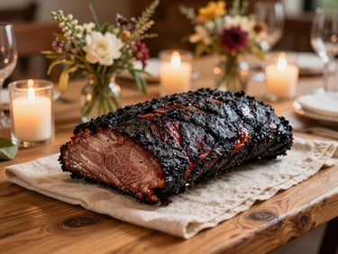 Close-up of a smoked brisket platter on a timber table at a mountain lodge wedding reception — candles and wildflower centerpieces softly blurred behind, warm tungsten light, high contrast between the dark bark crust and the cream linen tablecloth
