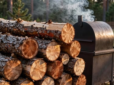 Close-up of split white oak and cherry wood logs stacked beside a heavy steel offset smoker outdoors, golden afternoon light raking across the bark texture, pine forest blurred in background, smoke rising from the firebox