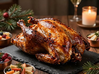 Close shot of a holiday smoked turkey on a slate board surrounded by seasonal sides in small copper bowls, pine bough and candle in background, warm amber tungsten light