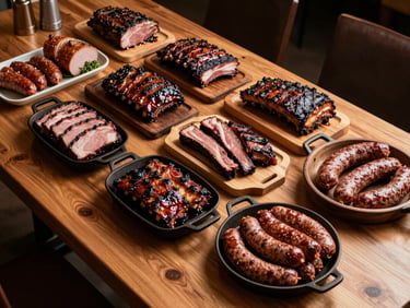 Overhead shot of a full smoked meat buffet spread on a long timber table, brisket, ribs, and sausage links arranged in cast iron and wood serving vessels, warm interior lodge lighting