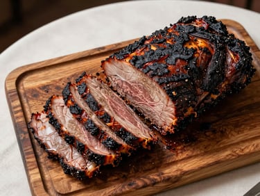 Close overhead shot of a whole smoked brisket sliced on a weathered oak board, wedding table linen visible at edge, warm tungsten light, charred bark visible, rich mahogany tones