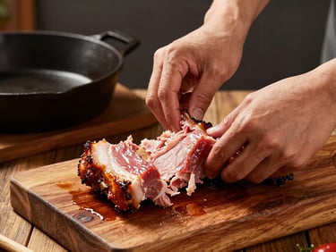 Hands pulling smoked pork shoulder apart on a heavy wood block, rendered fat glistening under warm kitchen light, cast iron pan in background, rustic timber counter