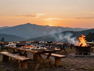 Wide outdoor celebration scene at golden hour — a long smoke-wood fired pit visible to the right third, rustic timber serving tables loaded with BBQ platters in the foreground, mountain ridgeline silhouetted against orange sky in the distance, no guest faces