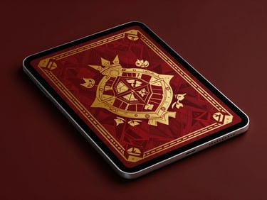 Clean mockup of a technical e-book cover on a modern tablet, featuring geometric heraldic patterns, dramatic high-contrast studio lighting, rich crimson and gold tones, sharp product focus, 35mm