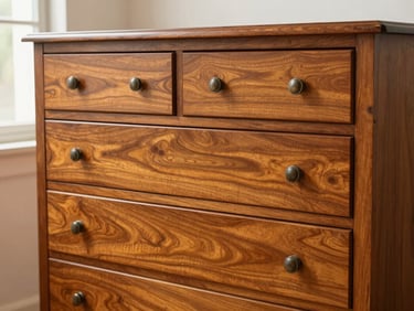 The same antique walnut dresser fully restored, rich warm amber wood grain glowing under hand-rubbed oil finish, perfectly aligned drawers, warm side lighting