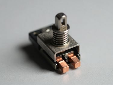 Macro close-up of a disassembled mechanical switch, copper contacts, heavy steel spring, hard directional lighting, sharp shadows, desaturated industrial tones