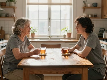 Wide shot of a kitchen table: an older woman and her caregiver sitting across from each other with two mugs of tea between them, morning light streaming through a window, relaxed and unhurried, home environment visible and lived-in