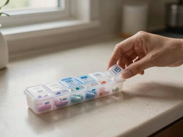 Close-up on a weekly pill organizer resting on a kitchen counter, a caregiver's hand opening one compartment, soft natural light from a nearby window, warm neutral countertop, everyday home kitchen details in the background