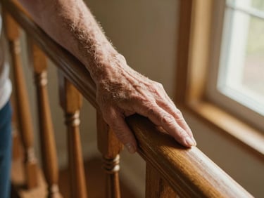 Tight close-up from above: an older person's hand on a wooden stair railing, a caregiver's hand resting lightly beside it for support, natural window light from the side, warm golden tones, home hallway in soft focus behind