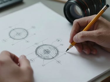 Close-up of hands annotating a technical schematic spread on a desk under cool studio light, pencil marks visible, precise line drawings in the background