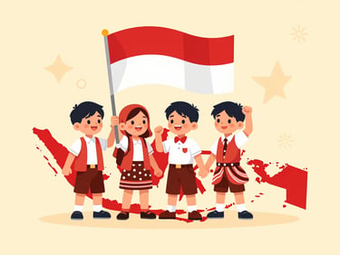 Playful flat vector illustration of Indonesian elementary school children holding a red and white flag over a stylized map of Indonesia, warm sunny daylight, cheerful cultural motifs, clean geometric shapes