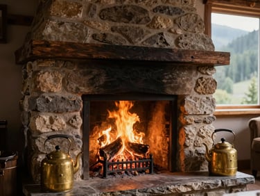 Close-up of an original stone fireplace in the cottage living room, crackling amber fire glow, vintage brass kettle on the hearth, soft shadows, warm editorial photography.