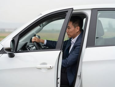 A professional local driver in smart-casual wear opening a clean car door for a passenger, soft daylight, realistic colors