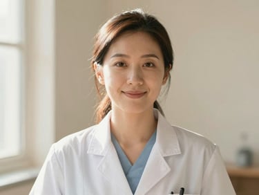 Warm, unposed portrait of a female doctor in her late 30s, smiling softly, bright diffused natural daylight, warm ivory background, professional and human.