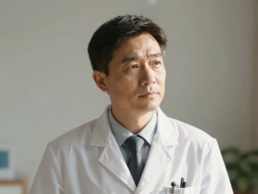 Warm, unposed portrait of a male doctor in his 40s, looking thoughtful, soft natural light, warm gray background, elegant clinical setting.