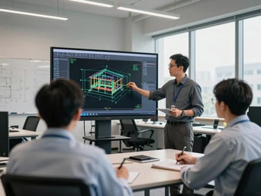 Over-shoulder view of a corporate training session in an engineering office — an instructor standing beside a large monitor showing a structural AutoCAD drawing, two seated engineers in work shirts taking notes, daylight from office windows, overhead fluorescent ambient, whiteboard with project dimensions visible at left edge