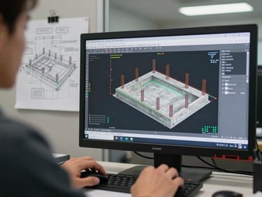 Close-up of a structural engineer's hands operating a mouse while AutoCAD displays a reinforced concrete footing cross-section on screen, printed site plan pinned to the wall behind the monitor, fluorescent office lighting, over-shoulder framing