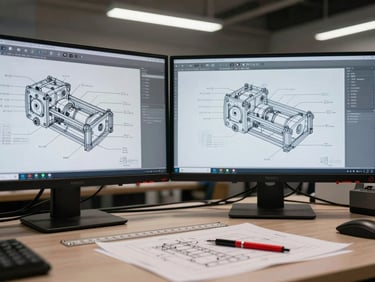 Close-up wide desk shot of an engineer's workstation mid-project — dual monitors showing a detailed mechanical assembly drawing with cross-section annotations, physical blueprint printout pinned beside the monitor, a drafting scale and red pen resting on paper, overhead fluorescent light, no person present — the work itself is the subject
