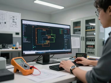 Wide desk shot of an electrical engineer working in AutoCAD Electrical, a panel wiring schematic filling the screen, printed wire-run schedules and a multimeter on the desk, fluorescent office lighting, industrial cabinet drawings pinned to the wall behind