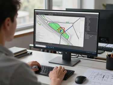 Over-shoulder view of a structural engineer's workstation, AutoCAD Civil 3D open on a wide monitor showing a site grading plan with contour lines and road alignments, daylight from office windows, drafting scale and printed drawings visible at desk edge