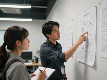Medium shot of an instructor pointing at a printed site plan drawing pinned to a wall, student beside them taking notes, engineering firm setting with plot drawings visible in background, overhead fluorescent lighting, documentary framing