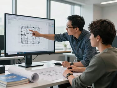 Medium shot of an instructor pointing at a detailed CAD drawing on a large monitor, a student seated at the workstation following along, engineering reference books and a rolled blueprint on the desk, daylight from a wide office window, no posed expressions