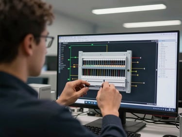 Over-shoulder shot of an electrical engineer working on AutoCAD Electrical panel schematic, switchgear diagram visible on screen with wire numbers and terminal references, second monitor showing a bill of materials spreadsheet, overhead fluorescent lighting in an engineering office