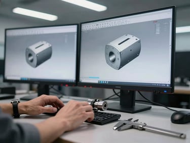 Close-up of hands navigating a SolidWorks part model on a dual-monitor engineering workstation, a machined metal component visible on the desk beside a set of calipers, overhead fluorescent lighting in a manufacturing-adjacent office
