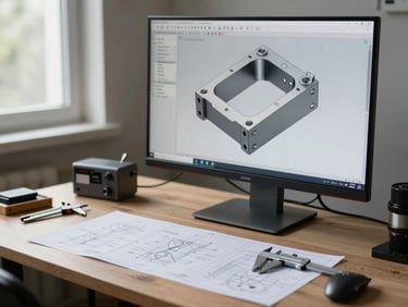 Wide desk shot showing SolidWorks 3D model of a mechanical bracket assembly open on a large monitor, printed engineering drawings and calipers on the desk surface, daylight from a window to the left, mid-shot framing showing tools and workspace context