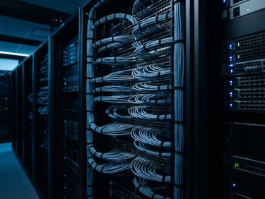 Immaculate server infrastructure cabling, dramatic low-key studio lighting, cool-toned blue and slate tones, sharp focus.