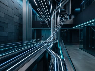 Abstract architectural lines representing secure data paths, cool-toned slate lighting, high-end corporate technology aesthetic.
