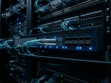 Macro shot of high-speed networking hardware, glowing blue status indicators, deep slate tones, sharp architectural shadows.