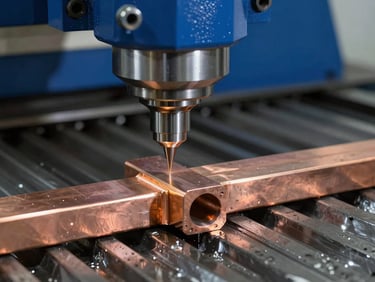 CNC milling machine chamfering the edge of a thick copper busbar, cool industrial lighting, sharp focus