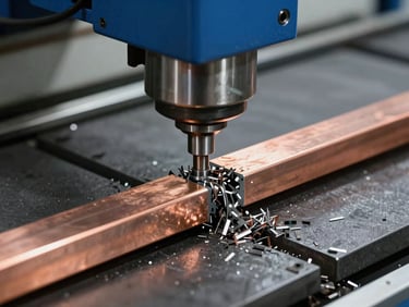Close-up of automated CNC punching head striking a thick copper busbar, cold steel gray tones, precise metal shavings