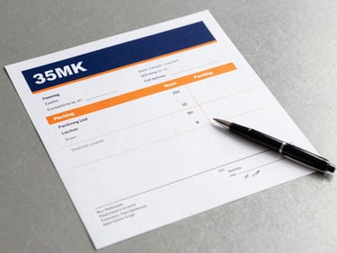 Overhead shot of a commercial invoice and packing list laid out on a clean, grey metallic surface, with a pen poised as if for signature, bright, even lighting, sharp industrial photography, 35mm.