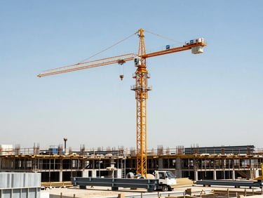 Construction site in Dubai, large cranes, heavy machinery, and steel beams under bright midday sun, sharp industrial photography.