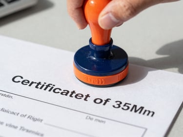 Macro shot of a Certificate of Origin document being stamped with an official seal, focus on the seal and official text, on a modern desk under bright, clear lighting, sharp industrial photography, 35mm.
