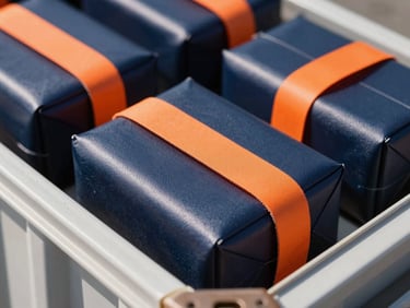 Tight macro shot of a sensitive electronic device being secured in custom-fit packaging inside a cargo container, sharp industrial photography, bright midday sun, deep navy and high-visibility orange accents, crisp details, 35mm.