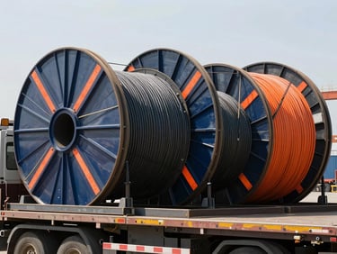 Wide shot of large industrial cable reels being loaded onto a flatbed truck at a port, sharp industrial photography, bright midday sun, deep navy and high-visibility orange accents, crisp details, 35mm.