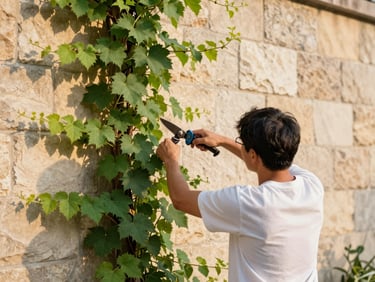 An editor pruning climbing vines against a warm stone wall, captured from behind, soft golden hour light, 35mm editorial photography