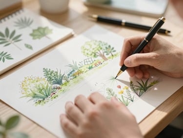A close-up of hands sketching garden layouts on a wooden desk with botanical specimens nearby, soft morning light, shallow depth of field, 35mm