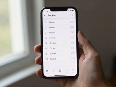 Android phone screen showing a simple budget tracker interface with plain numbers, phone held loosely in one hand, daylight from a side window, no studio props