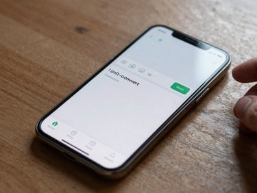 Android phone screen displaying a simple unit-converter app interface, phone lying on a wooden table under natural window light, fingers visible at the edge of frame