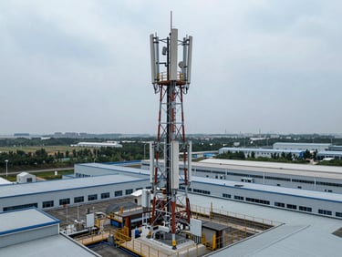 Aerial view of a 5G telecom tower installation on an industrial rooftop, cool overcast daylight, technical hardware visible, no people, precise engineering framing