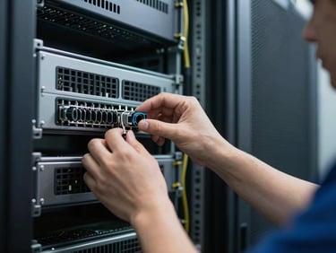 Technician hands configuring server rack equipment inside a data center, cool overhead lighting, focused technical work visible, no face shown, precise hardware framing
