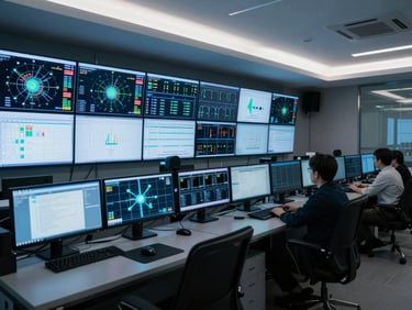 Wide-angle interior of a network operations center, multiple monitoring screens displaying active metrics and topology maps, cool blue-white LED lighting, no people visible, technical precision