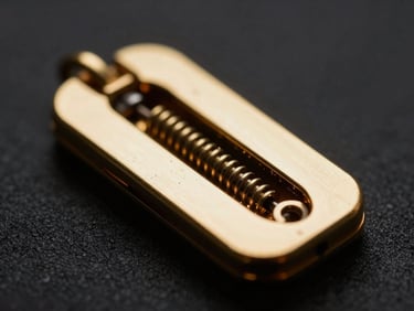 Extreme macro close-up of a solid gold locket's custom-engineered spring-loaded hinge, showing mechanical precision and tactile weight, sharp metallic highlights, deep shadows, dark charcoal background, directional side-lighting, 50mm lens.
