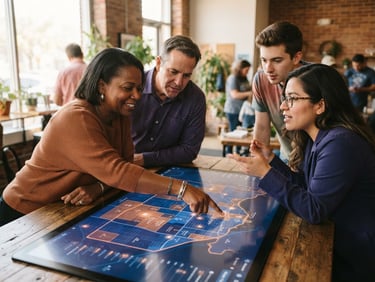 Warm editorial photography of community members collaborating over a large digital map of Missouri neighborhoods, natural window light, indigo and copper tones, shallow depth of field.