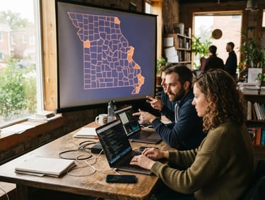 A high-contrast digital map of Missouri counties projected on a screen, civic researchers collaborating with laptops under warm window light, shallow depth of field.