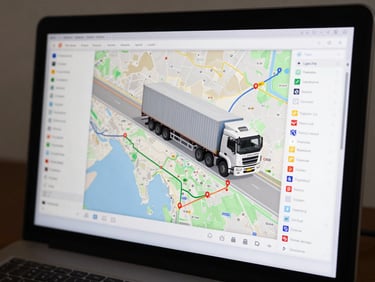 Close-up of a digital logistics tracking map on a screen, displaying a heavy-duty transport truck route moving from India to Nepal with active GPS coordinates and telemetry data, clean interface, daylight.